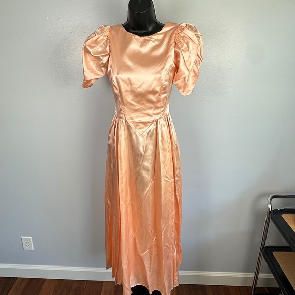 American Vintage Dresses & Skirts - Vintage 1980s Peach Satin Midi Prom Dress Puff Sleeve Bow Back Costume Gown XS S